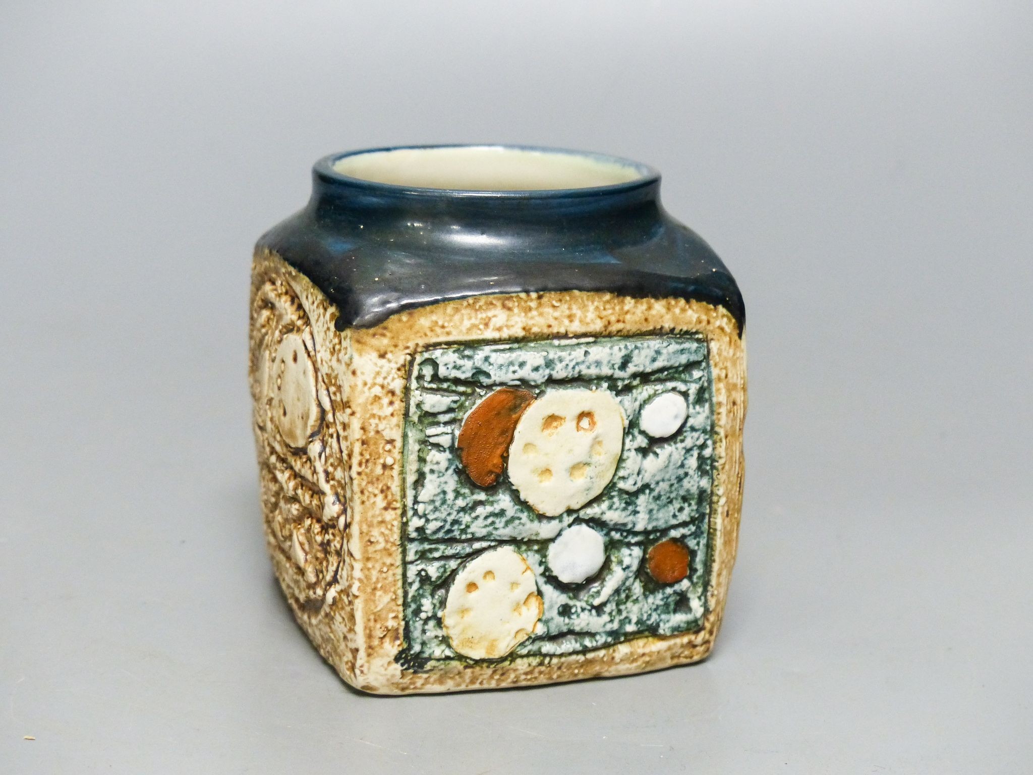 A Troika cube pot, monogram for Linda Hazel 9cm